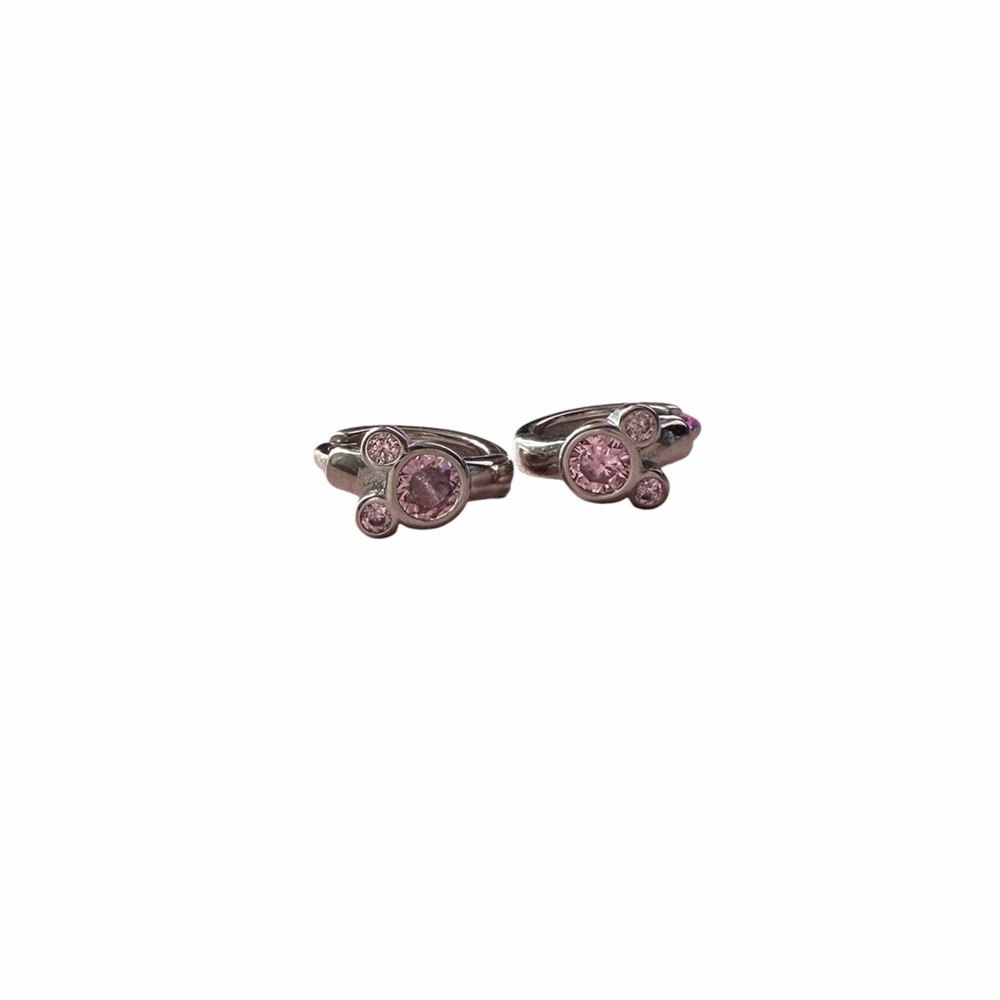 Disney S925 Silver Pink Crystal Mickey Mouse Huggie Hoop Earrings - Picture 4 of 5